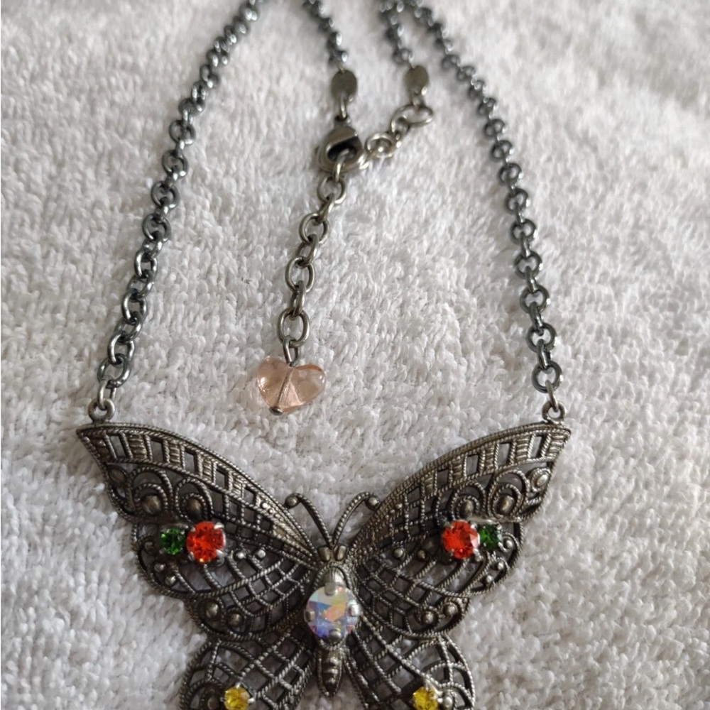 Sabika Silver Butterfly Necklace with Multicolor Accents - Picture 3 of 6